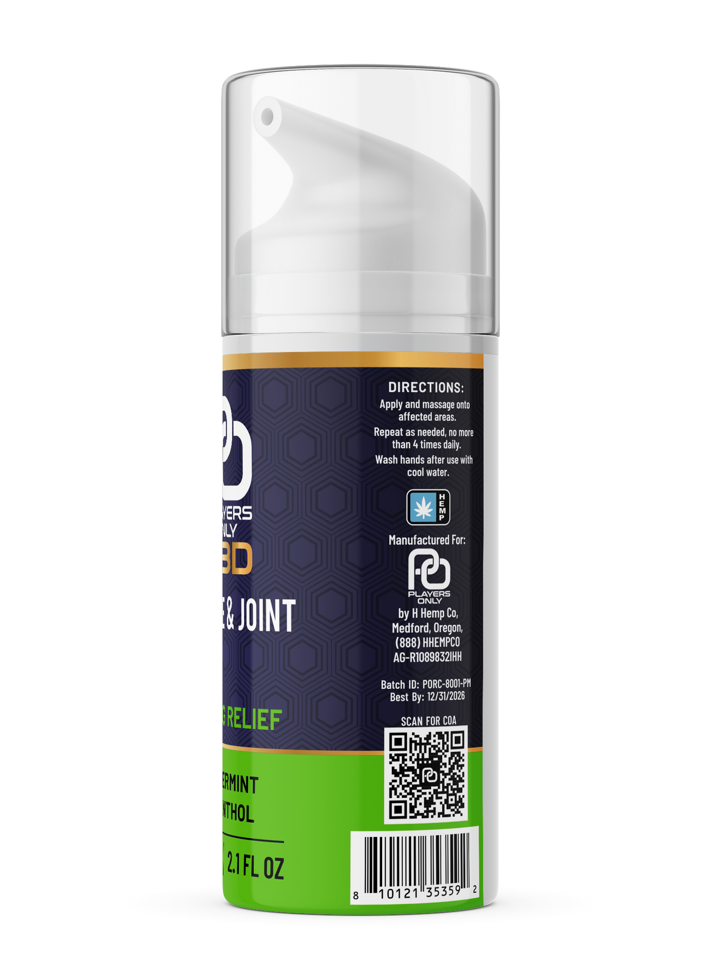 Players Only Bottle of Muscle & Joint Cream Cooling Relief Peppermint & Menthol Back View