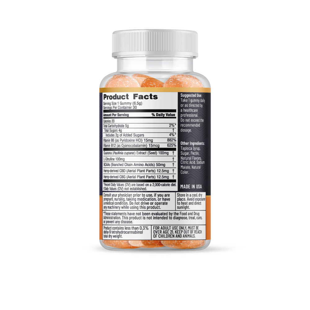 Players Only 30ct Bottle of Peach Pre Workout Hemp Gummies Back View