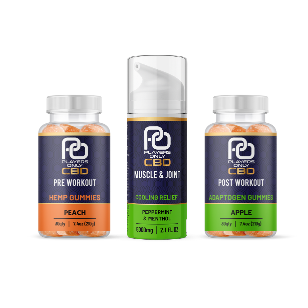 Players Only Recovery Bundle Pre Workout Hemp Peach Gummies Post Workout Apple Adaptogen Gummies Peppermint & Menthol Cooling Relief Cream