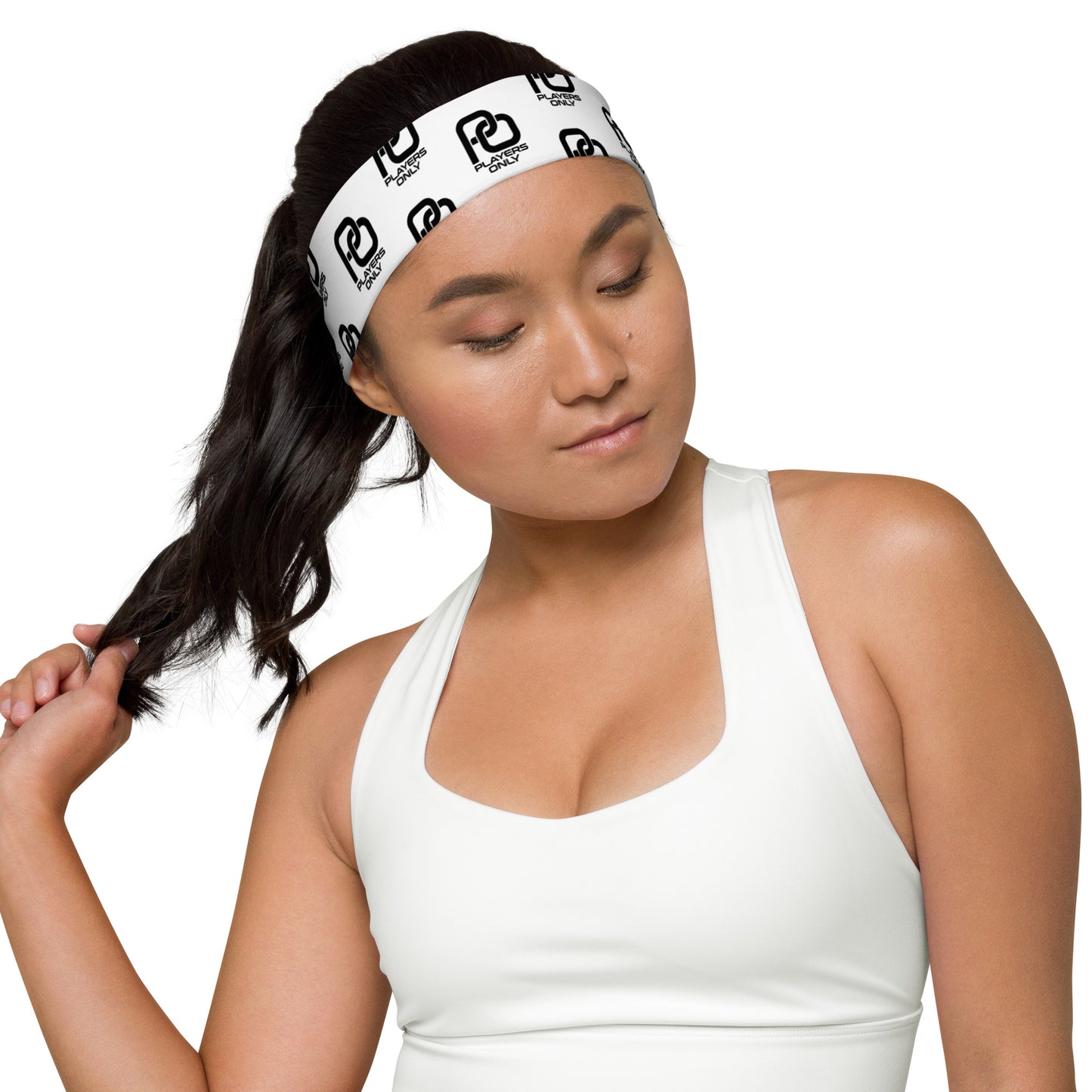 Players Only Black & White Logo Headband On Model Front View