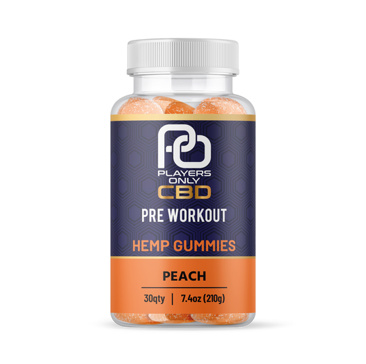 Players Only 30ct Bottle of Peach Pre Workout Hemp Gummies Front View